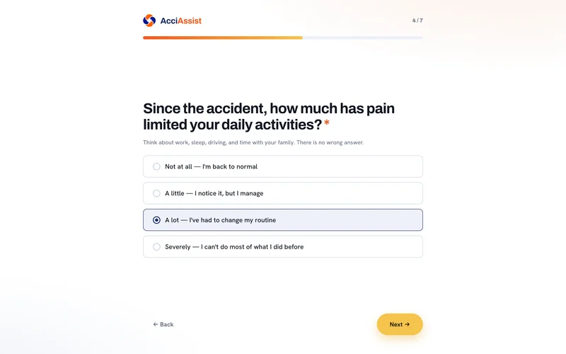 One question at a time, no clipboard, no login, no legal jargon