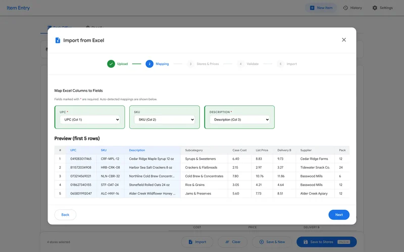 Point a spreadsheet at it: columns are auto-detected and previewed before anything is written.