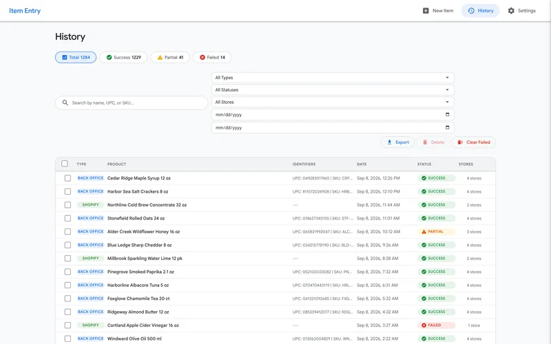 A full audit trail of 1,284 product creations across Back Office and Shopify, filterable and exportable.