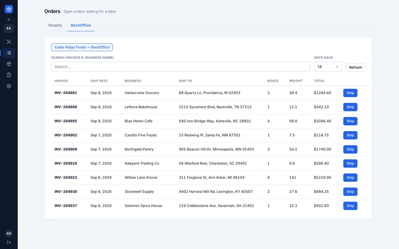 Open ERP invoices ship from the same screen as web orders